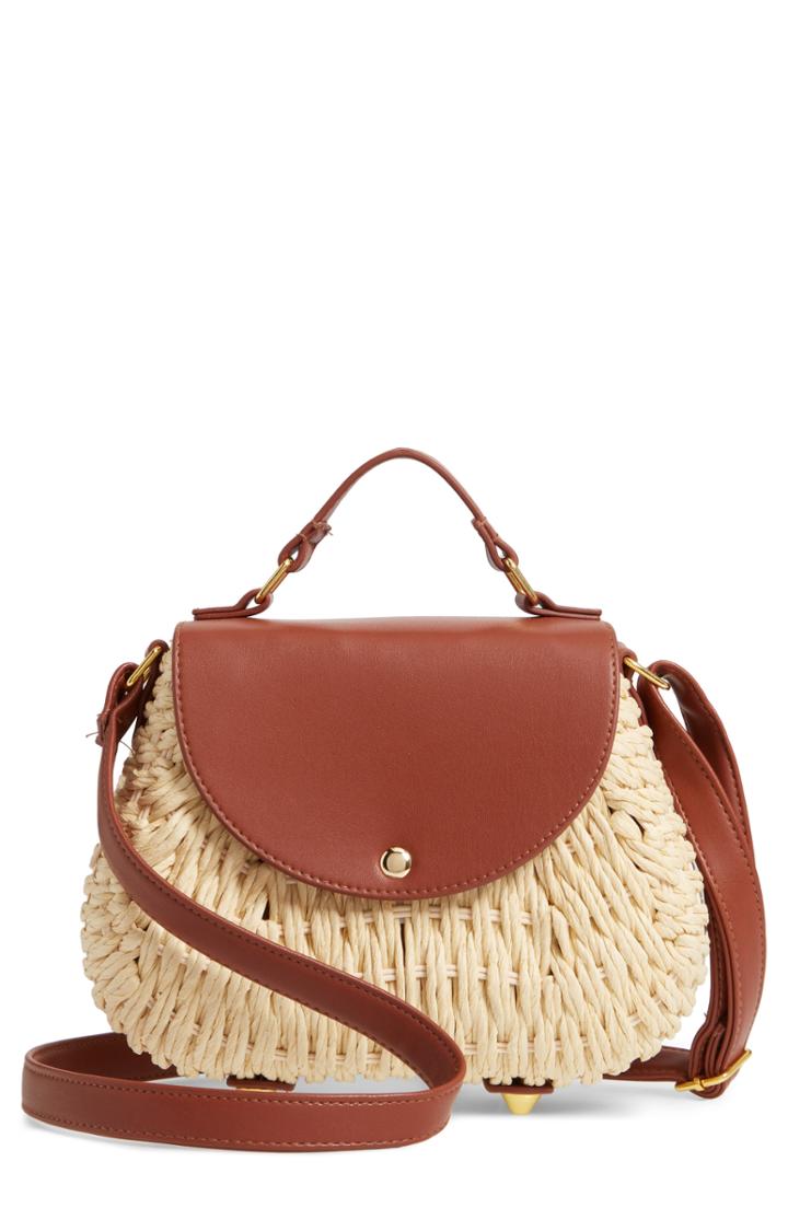 La Double 7 Faux Leather Trim Straw Saddle Bag - Beige