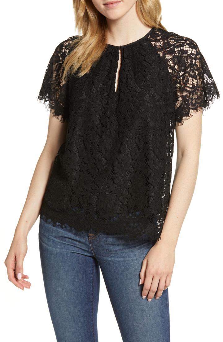 Women's J.crew Short Sleeve Lace Top, Size - Black