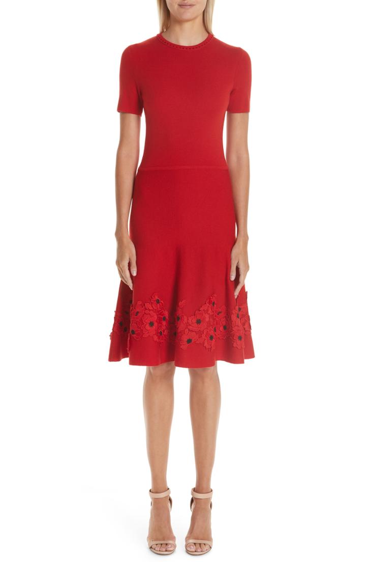 Women's Oscar De La Renta Lace Applique Wool A-line Dress