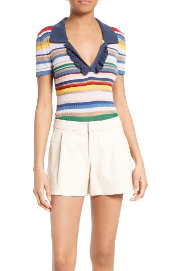 Women's Alice + Olivia Martha Stripe Ruffle Placket Polo