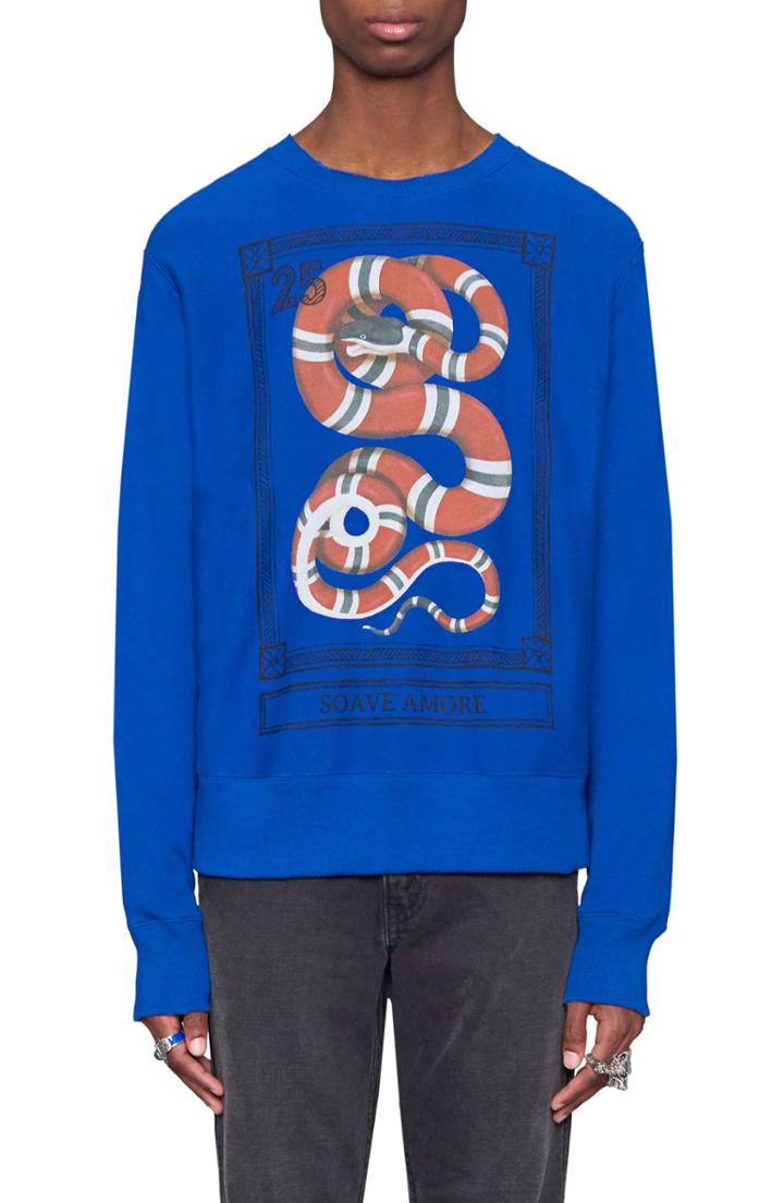 Men's Gucci Snake Stamp Graphic Crewneck Sweatshirt, Size - Blue