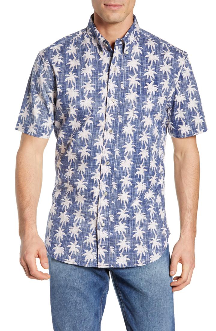 Men's Reyn Spooner My Maui Palm Tailored Fit Sport Shirt, Size - Blue