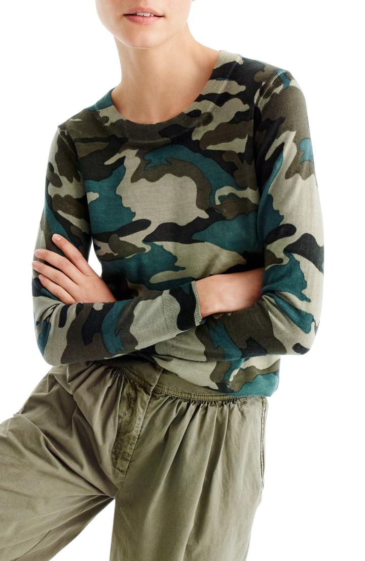 Women's J.crew Camo Tippi Merino Wool Sweater X - Green