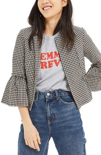 Women's Topshop Crop Gingham Jacket Us (fits Like 10-12) - Black
