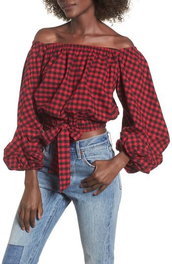 Women's Chloe & Katie Plaid Off The Shoulder Crop Top - Red