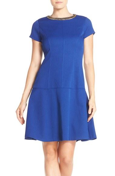 Women's Ellen Tracy Embellished Neck Pique Drop Waist Dress