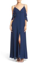 Women's Lulus Off The Shoulder Front Slit Chiffon Gown - Blue