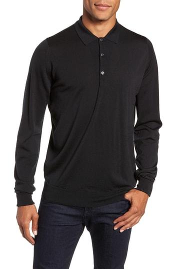 Men's John Smedley Slim Fit Long Sleeve Merino Polo - Black