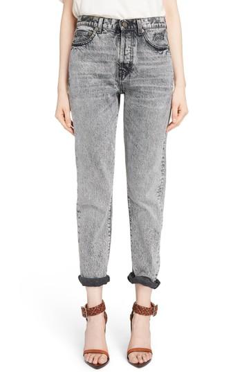 Women's Saint Laurent Embroidered Logo Slim Boyfriend Jeans - Grey