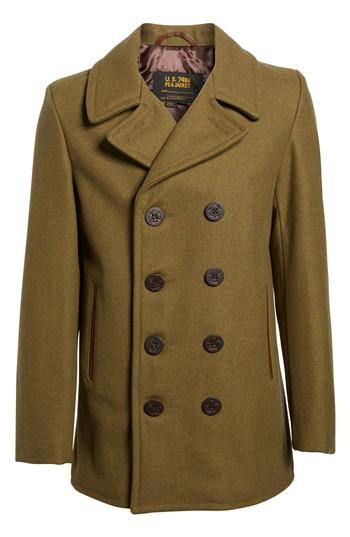 Men's Schott Nyc Embellished Slim Wool Blend Peacoat - Green