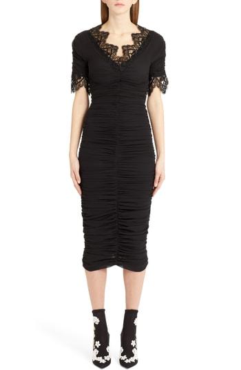 Women's Dolce & Gabbana Lace Trim Ruched Silk Blend Dress Us / 50 It - Black