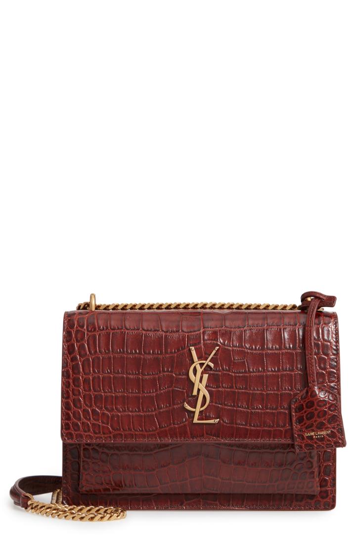 Saint Laurent Medium Sunset Croc Embossed Leather Shoulder Bag - Burgundy