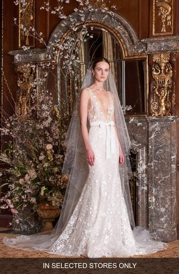Women's Monique Lhuillier Etoile Embroidered Trumpet Gown, Size In Store Only - White