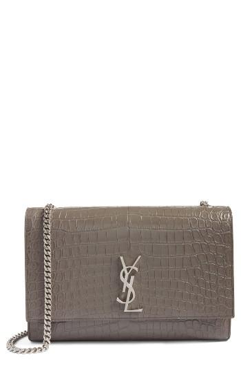 Saint Laurent Large Kate Croc Embossed Calfskin Leather Wallet On A Chain - Blue