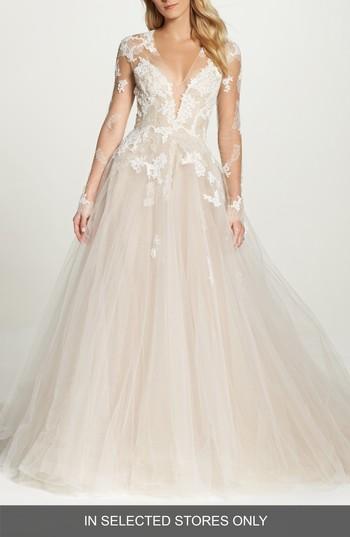 Women's Monique Lhuillier Rachelle Illusion Long Sleeve Princess Gown
