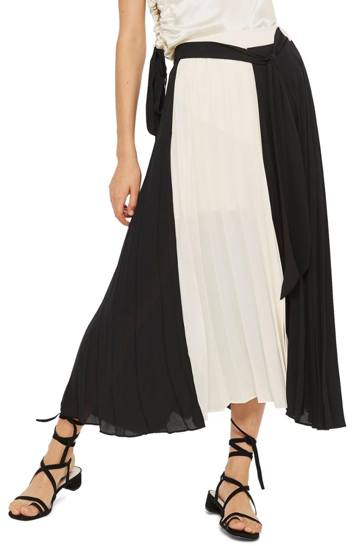 Women's Topshop Colorblock Pleated Midi Skirt Us (fits Like 0-2) - Black
