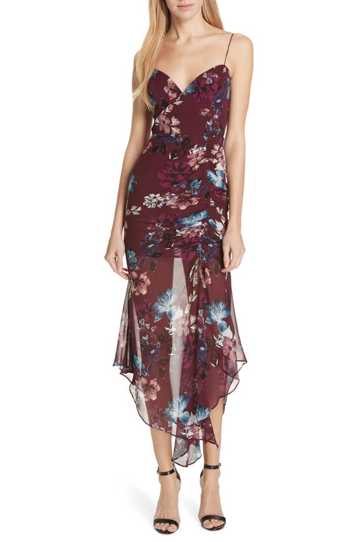 Women's Nicholas Floral Silk Drawstring Dress - Burgundy