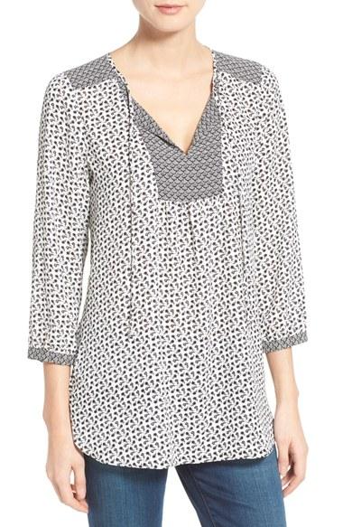 Women's Nydj 'patchwork Mosaic' Print Split Neck Blouse - White