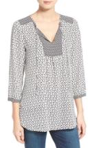 Women's Nydj 'patchwork Mosaic' Print Split Neck Blouse - White