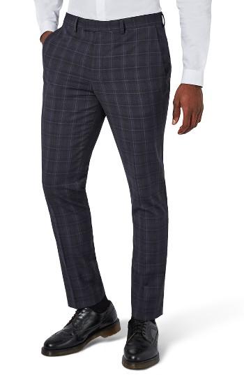 Men's Topman Muscle Fit Check Suit Trousers X 32 - Blue
