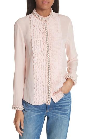 Women's Alice + Olivia Bejeweled Button Down Silk Top - Pink