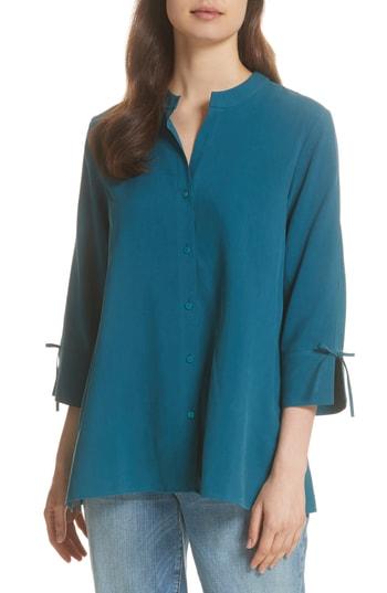 Women's Eileen Fisher Tie Sleeve Silk Shirt, Size - Green