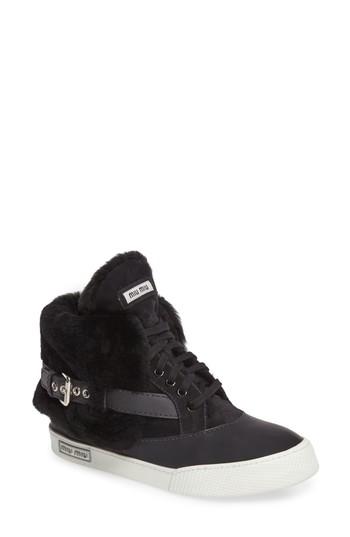 Women's Miu Miu Genuine Shearling Cuffed Buckle Strap Sneaker .5us / 35.5eu - Beige