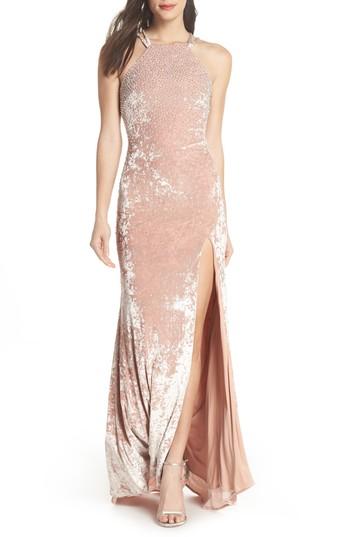 Women's Xscape Beaded Crushed Velvet Gown - Pink