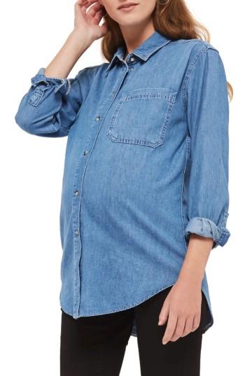 Women's Topshop Drake Oversize Denim Maternity Shirt Us (fits Like 0-2) - Blue