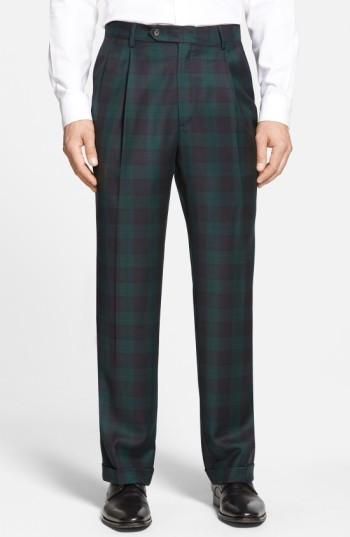 Men's Berle Pleated Plaid Wool Trousers X 34 - Green