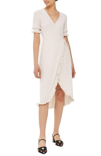 Women's Topshop Ruffle Trim Wrap Dress Us (fits Like 0-2) - Beige