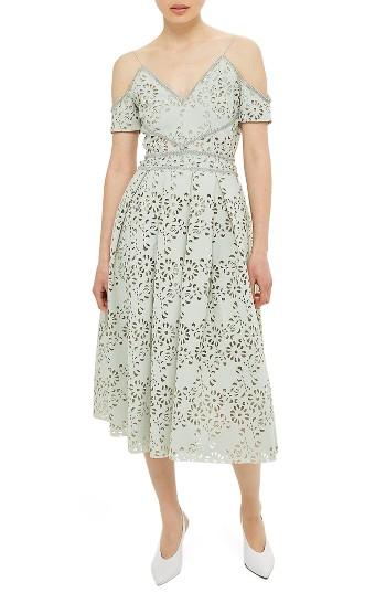 Women's Topshop Laser Cut Off The Shoulder Midi Dress Us (fits Like 0) - Green