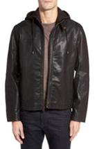 Men's Cole Haan Leather Moto Jacket With Knit Hood, Size - Black