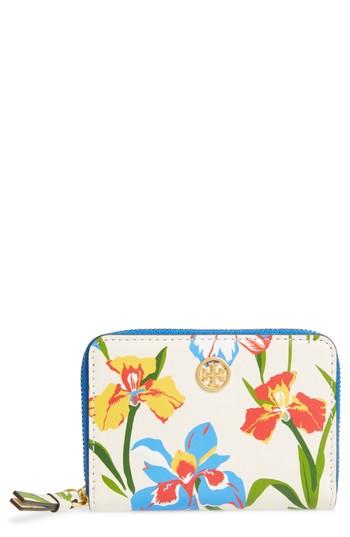 Women's Tory Burch Robinson Iris Print Leather Coin Case - White