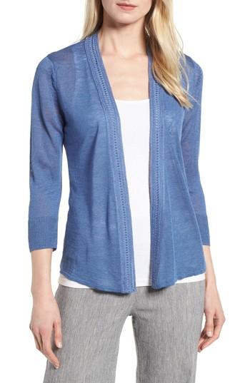Petite Women's Nic+zoe Crochet Trim Linen Blend Cardigan, Size P - Blue
