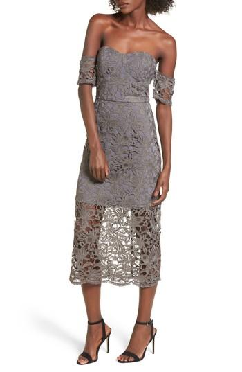 Women's J.o.a. Off The Shoulder Lace Midi Dress - Grey