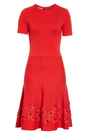 Women's Oscar De La Renta Lace Applique Wool A-line Dress - Red