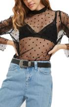 Women's Topshop Flocked Dot Mesh Blouse Us (fits Like 0) - Black