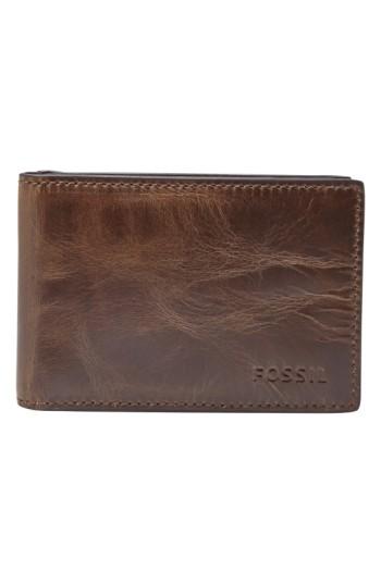Men's Fossil Derrick Leather Money Clip Bifold Wallet - Brown