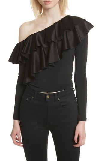 Women's Alice + Olivia Izzy One-shoulder Ruffle Crop Top - Black