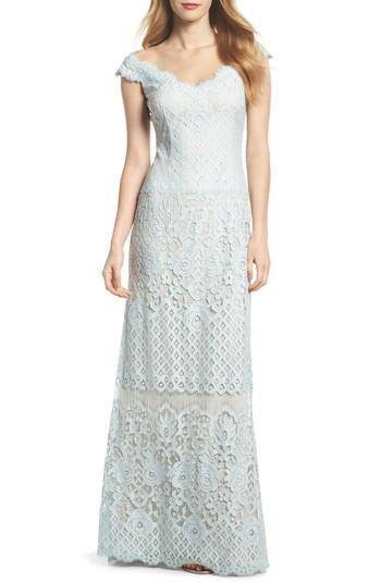 Women's Tadashi Shoji Illusion Neck Lace Column Gown - Blue