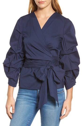 Women's Halogen Pintuck Blouson Sleeve Wrap Top - Blue
