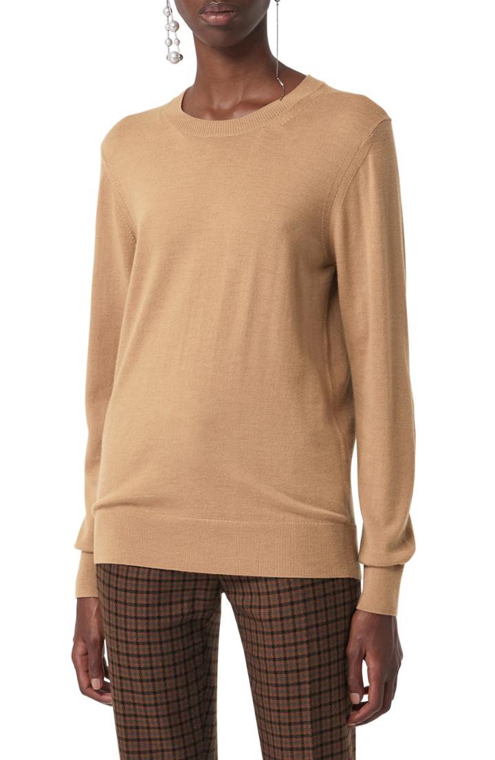 Women's Burberry Bempton Tartan Elbow Patch Merino Wool Sweater, Size - Brown