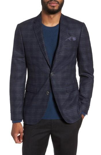 Men's Sand Trim Fit Plaid Wool Sport Coat R - Blue