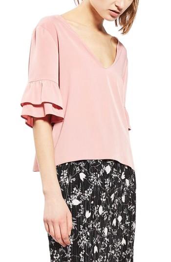 Women's Topshop Tie Back Ruffle Sleeve Top Us (fits Like 0) - Pink