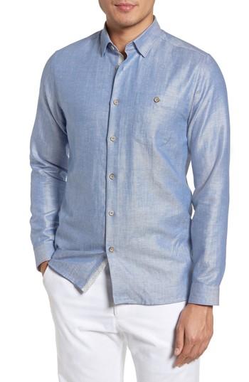 Men's Ted Baker London Linlins Herringbone Cotton & Linen Sport Shirt (m) - Blue
