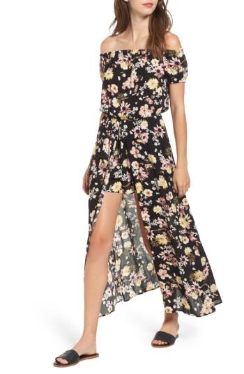 Women's Love, Fire Floral Print Off The Shoulder Maxi Romper - Black
