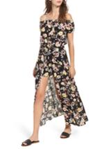 Women's Love, Fire Floral Print Off The Shoulder Maxi Romper - Black