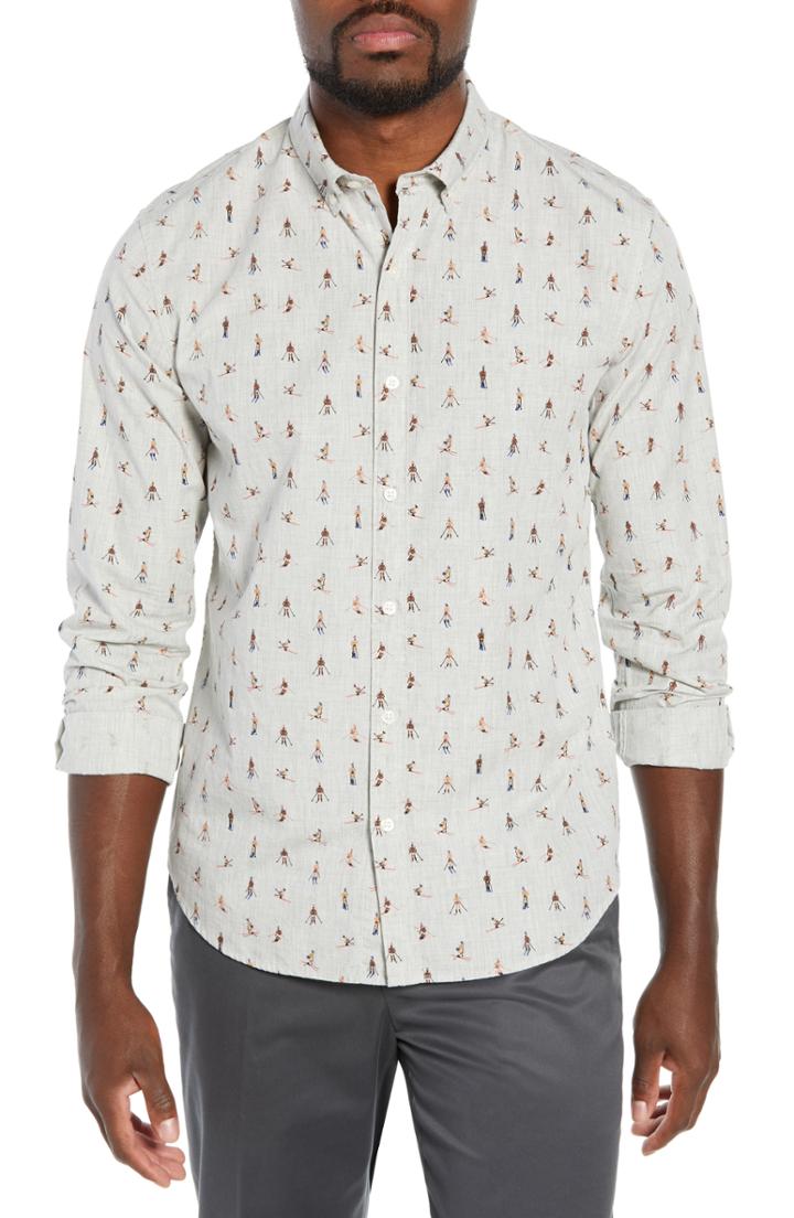 Men's Bonobos Washed Button Down Slim Fit Ski Print Sport Shirt, Size R - Grey