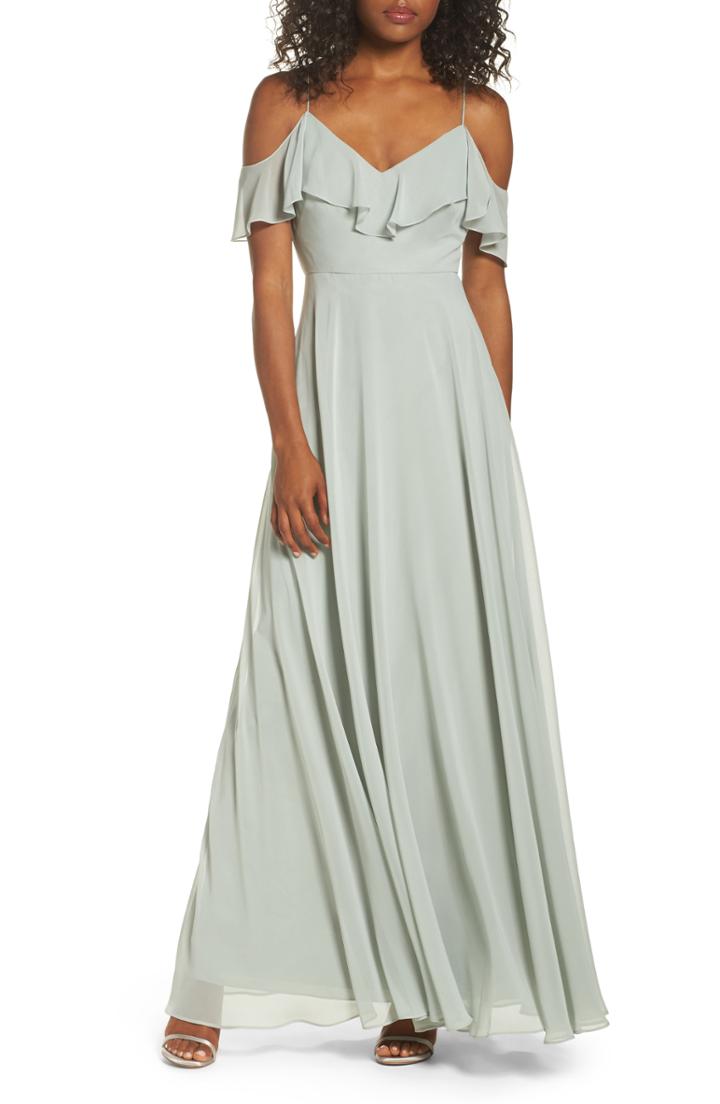 Women's Jenny Yoo Cold Shoulder Chiffon Gown (similar To 14w) - Pink